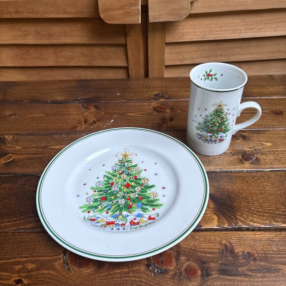 Salem Christmas Eve Fine China Plate & Mug Set – Holiday Tree Design set of 10 - Picture 1 of 7